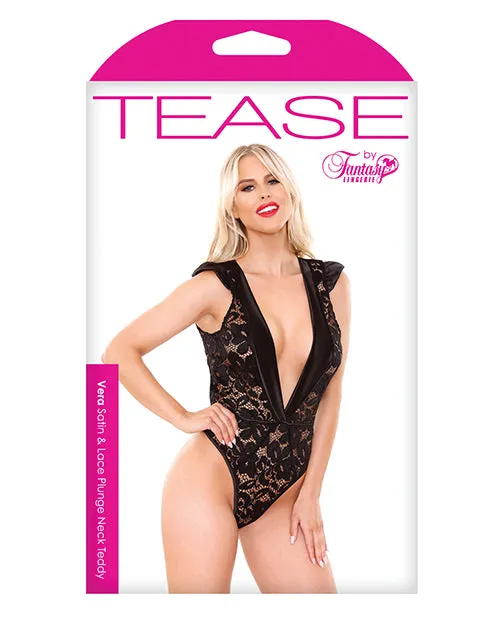 Tease Vera Satin lace Plunge Neck Teddy Black Open Desires Anal