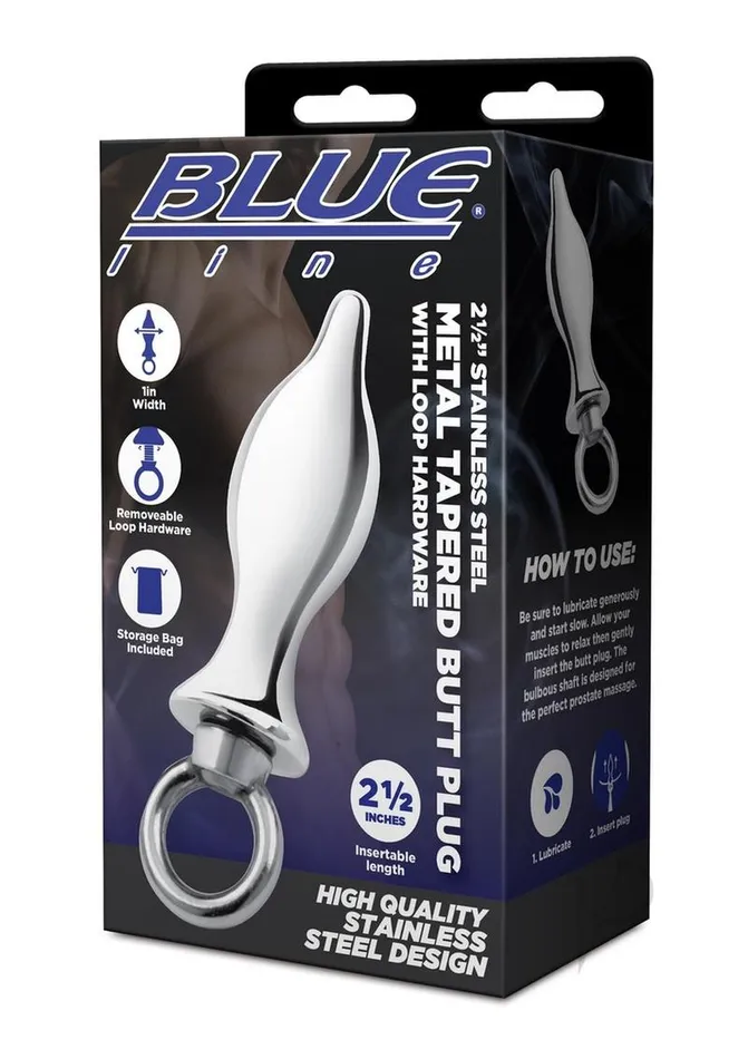 Blue Line CandB Gear Anal Blue Line Metal Tapered Butt Plug with Loop Hardware 25in Stainless